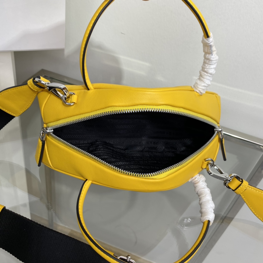 Prada Triangle Leather Shoulder Bag Tote Yellow 1BB082